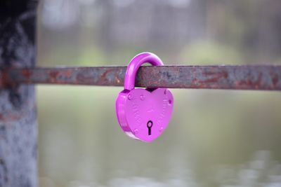 Close-up of padlocks hanging on railing