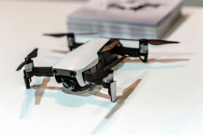 High angle view of drone on white background