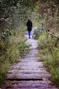 Rear view of woman walking on footpath