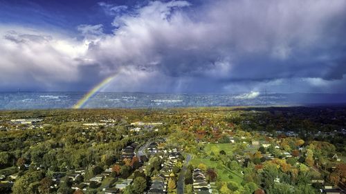 Scenic view of rainbow over cityscape against sky