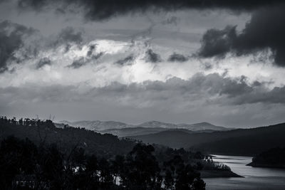 Scenic view of sea and mountains against sky