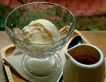 Close-up of ice cream in bowl on table