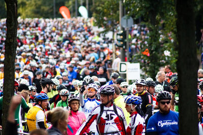Crowd of bicyclist waiting at starting line
