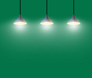 Illuminated light bulbs hanging against green background