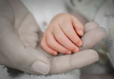 Cropped image of person holding baby hand