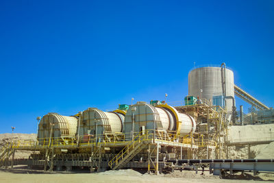 Low angle view of abandoned building against clear blue sky