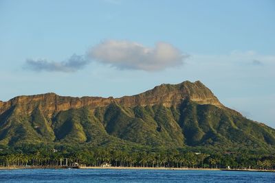 Scenic view of sea and mountains against sky