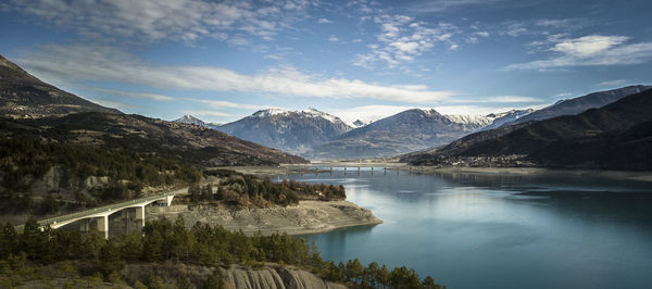 Scenic view of lake and mountains against sky