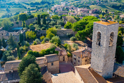View from above of the city of san gimignano, tuscany, from the top of the main tower