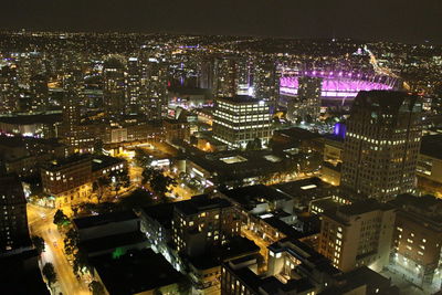 Aerial view of illuminated cityscape at night