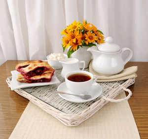 High angle view of breakfast on table