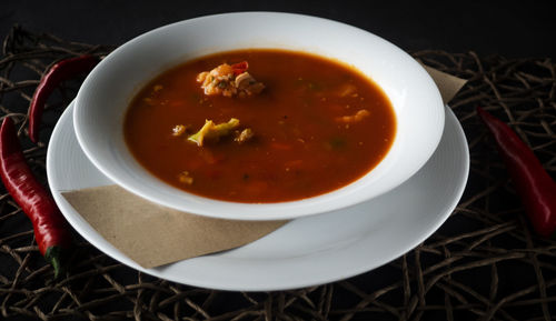 High angle view of soup in bowl on table