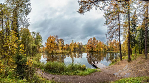 Scenic view of lake amidst trees in forest against sky