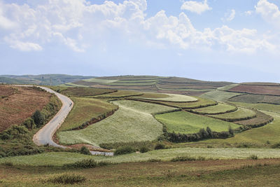 Panoramic shot of agricultural landscape against sky