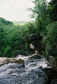 Scenic view of waterfall in forest against sky