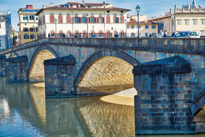 Arch bridge over river against buildings in city