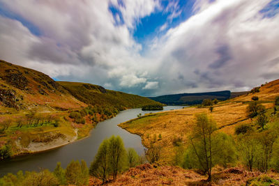 Scenic view of lake and mountains against sky