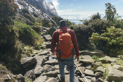 Rear view of hiker standing on rock against sky