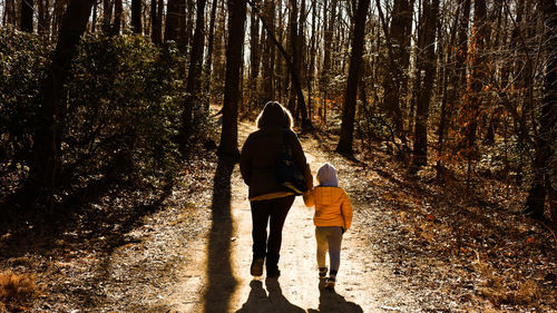 Rear view of women walking in forest