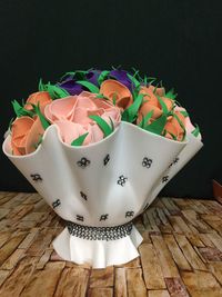 High angle view of various flowers on table