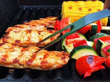 High angle view of seafood on barbecue grill