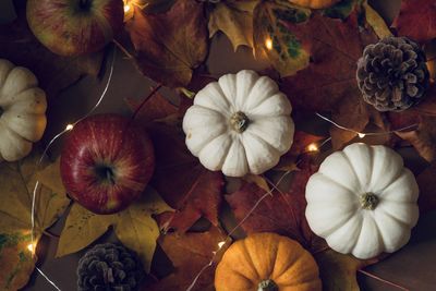 High angle view of pumpkins on table