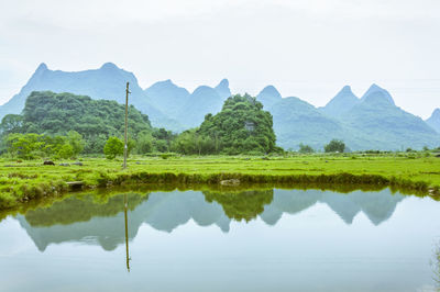 Scenic view of lake and mountains against sky