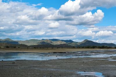 Scenic view of lake magadi against sky in rural kenya 