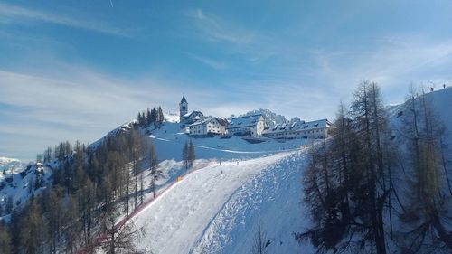 Panoramic view of lussari town from the cable car