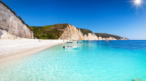 Scenic view of sea against clear blue sky