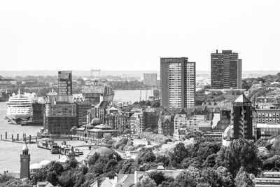 High angle view of buildings against clear sky