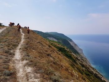 People walking on shore by sea against sky