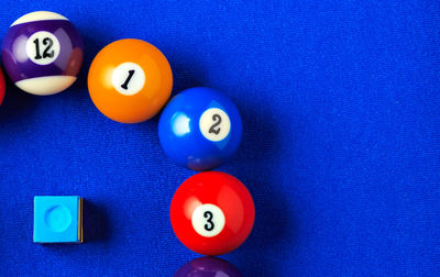 High angle view of various balls on table