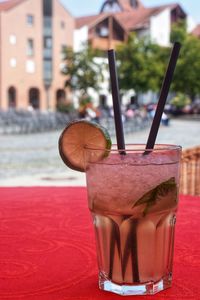 Close-up of beer glass on table