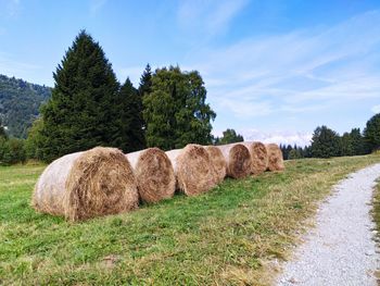 Hay bales on field against sky
