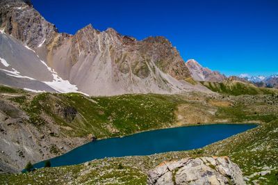 Scenic view of lake and mountains against clear blue sky