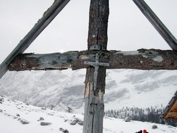 Close-up of snow covered land against sky