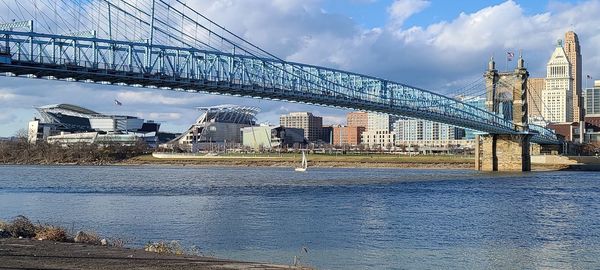 Bridge over river with buildings in background