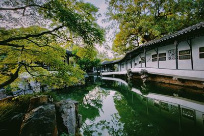 Bridge over lake against trees