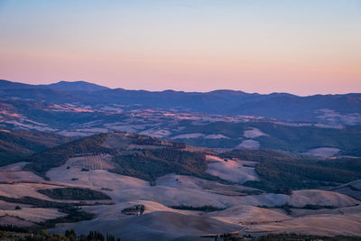 High angle view of mountains against clear sky