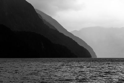 Scenic view of sea and mountains against sky