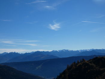 Scenic view of mountains against blue sky