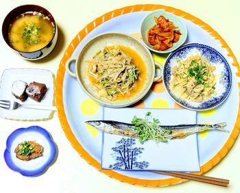 High angle view of food on table