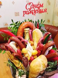 High angle view of fruits and vegetables on table