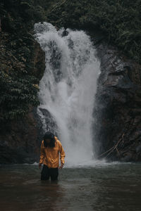 Rear view of man standing on rock