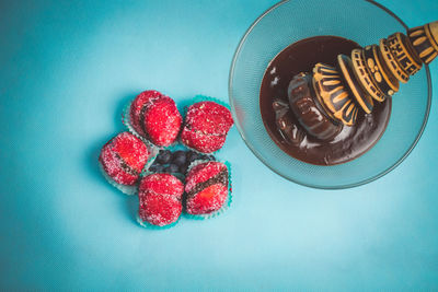 High angle view of strawberries on table