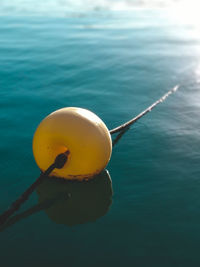 High angle view of yellow tied on rope