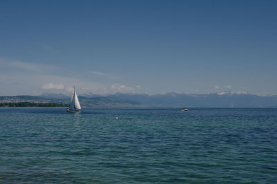 Sailboat sailing in sea against blue sky