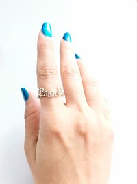 Close-up of human hand against white background