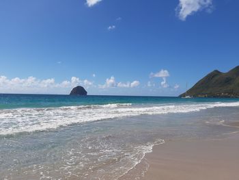 Scenic view of sea against blue sky